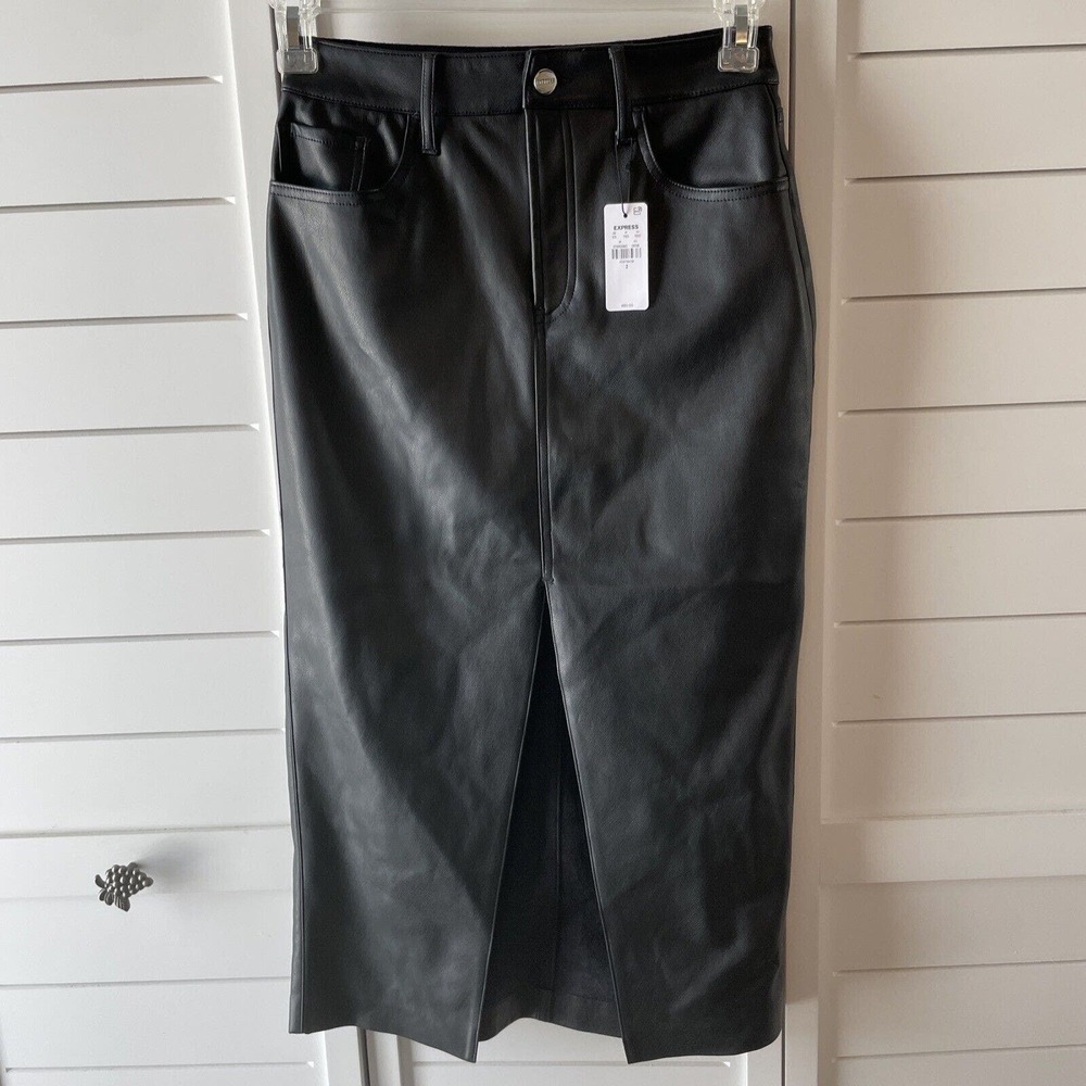 Express High Waisted Faux Leather Front Slit Midi Skirt SZ 2 XS Pitch Black 25 W